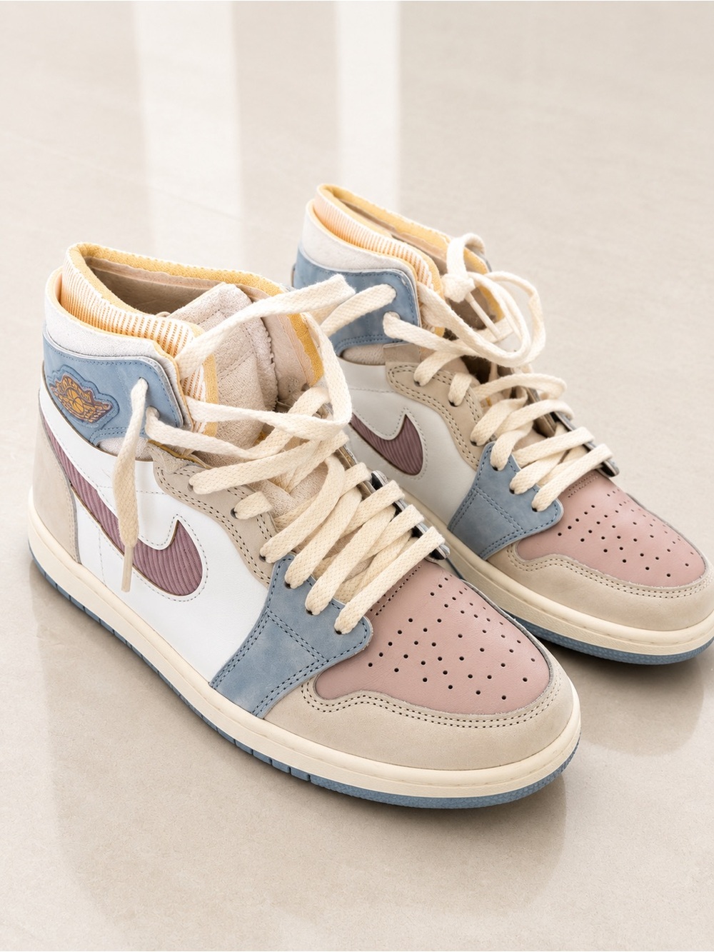 Air Jordan 1 High-Top Sneakers in White, Powder Blue, Cream and Yellow